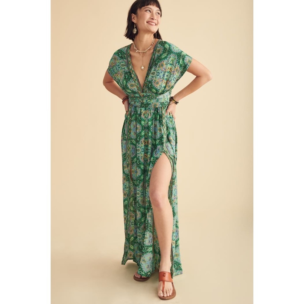 Earthbound Trading Co Green Paisley Maxi Dress Boho V-Neck Medium